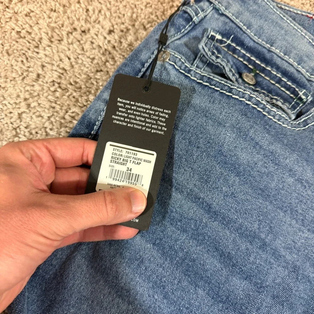 True Religion Ricky Relaxed Straight Mens 34 Blue NEW Big T Flap Jeans 701193